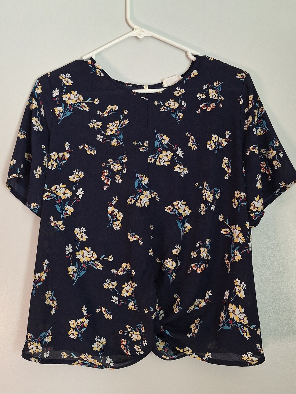 Navy Floral Twist-Front Short Sleeve Sheer Blouse